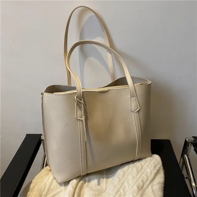 Simple Large Capacity Soft Leather Tote Casual Shoulder Bag Beige - Shop at LoveMi