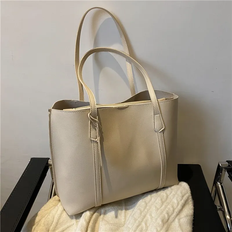 Simple Large Capacity Soft Leather Tote Casual Shoulder Bag - Beige