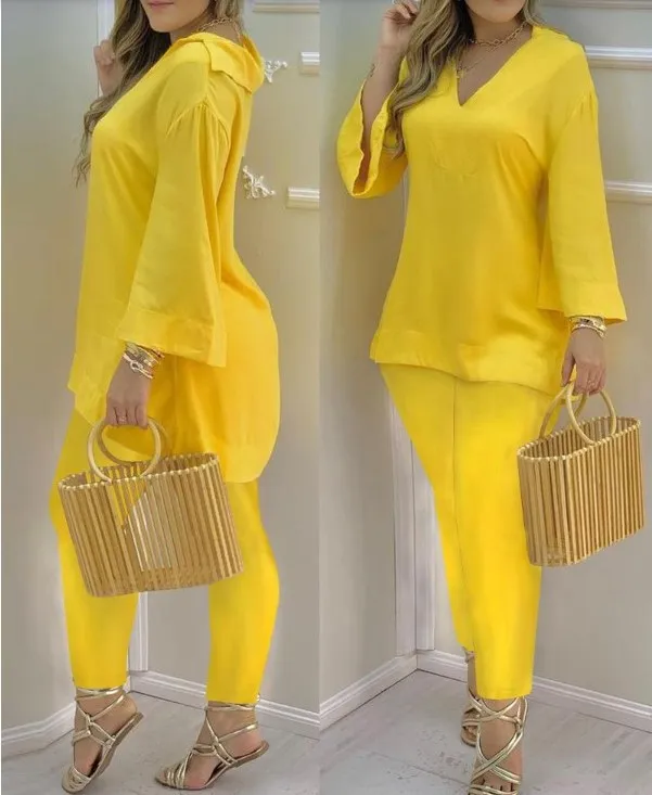 Bell Sleeve Top And Trousers Fashion Suit Women Yellow - Shop at LoveMi
