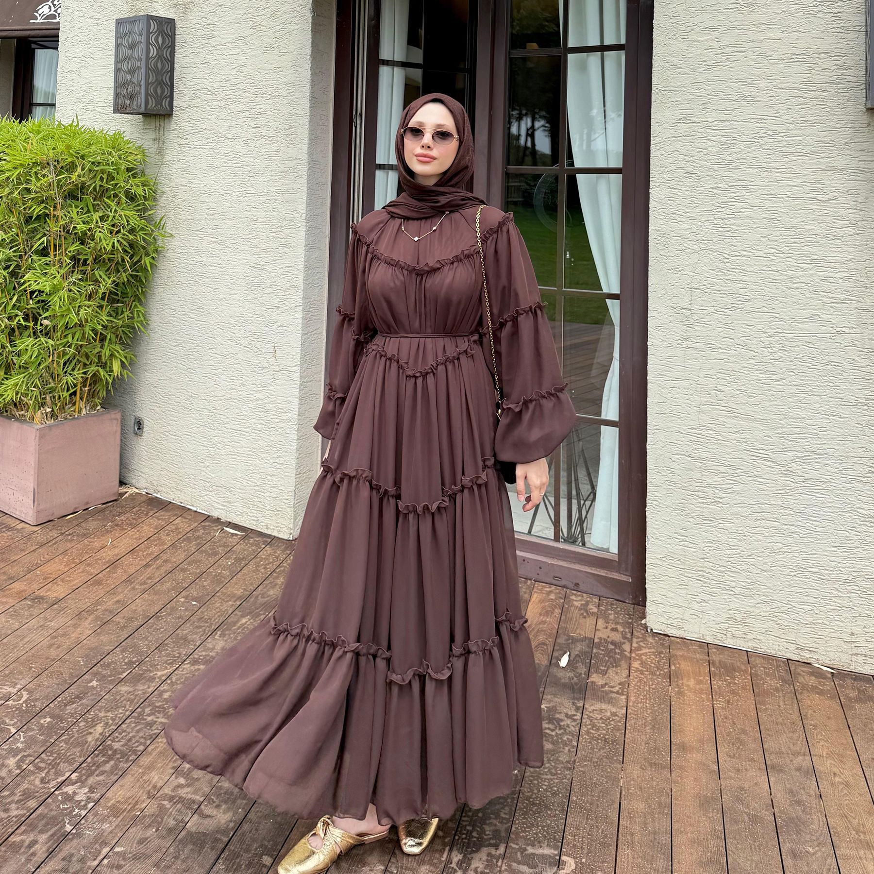 Lace-Trim Long-Sleeve Tiered Maxi Dress — product details and sizing image 24