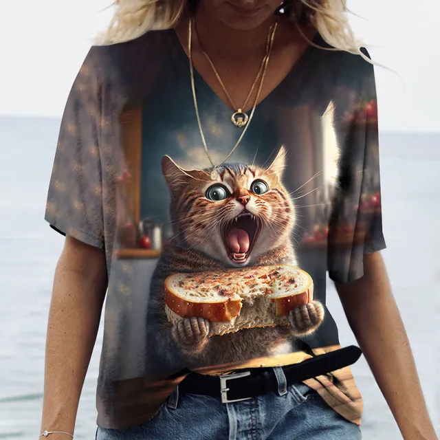 Women's Casual Printed Round Neck Cat Pattern T shirt Dark Brown - Shop at LoveMi