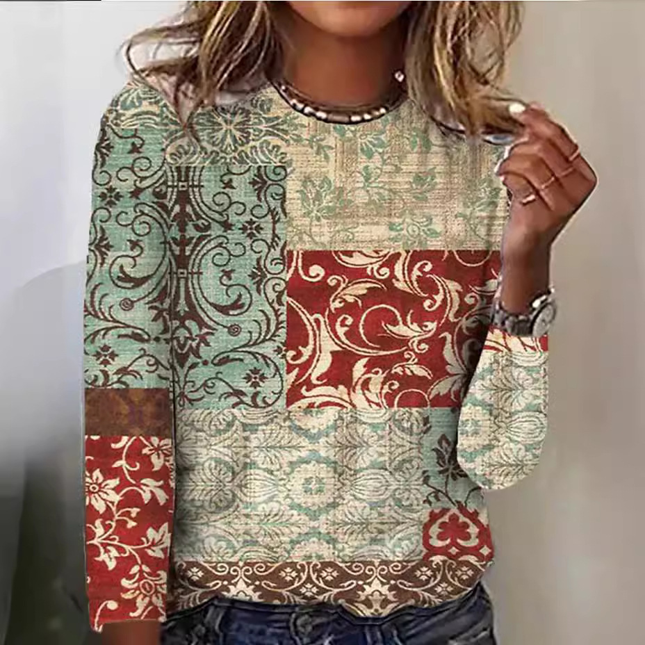 Comfortable Casual And Relaxed-fit With A 3D Print Cozy Sporty Long-sleeve Crew-neck T-shirt