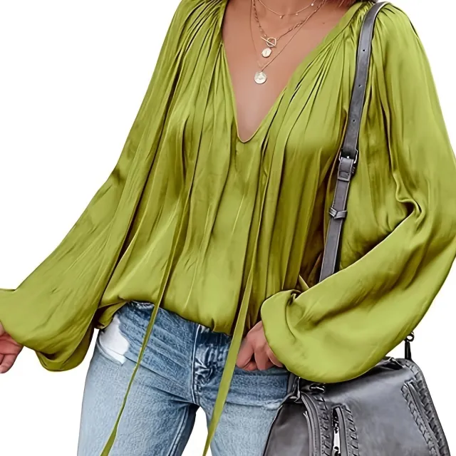 Women's Satin V neck Long Sleeve Shirt Casual Yellow Green - Shop at LoveMi