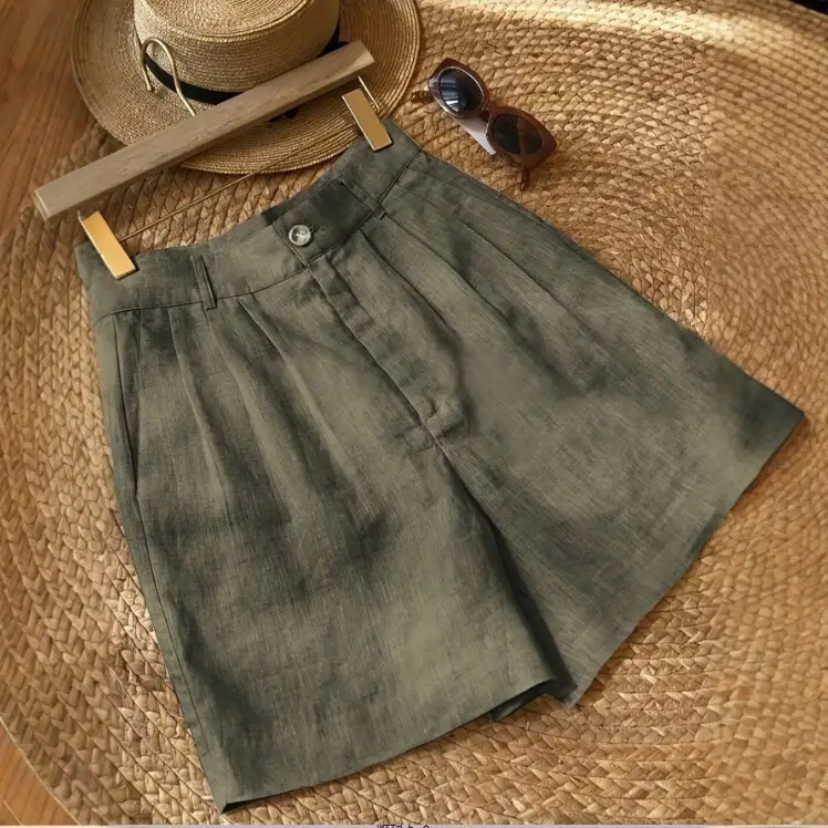 Cotton-Linen Wide-Leg Culottes Womens High-Waisted Loose Casual Shorts