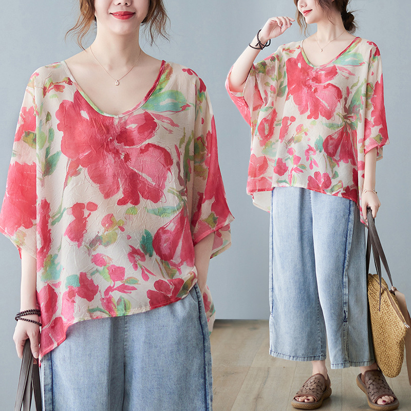 Retro Large Flower Loose Plus Size Fat Short Sleeve T-shirt