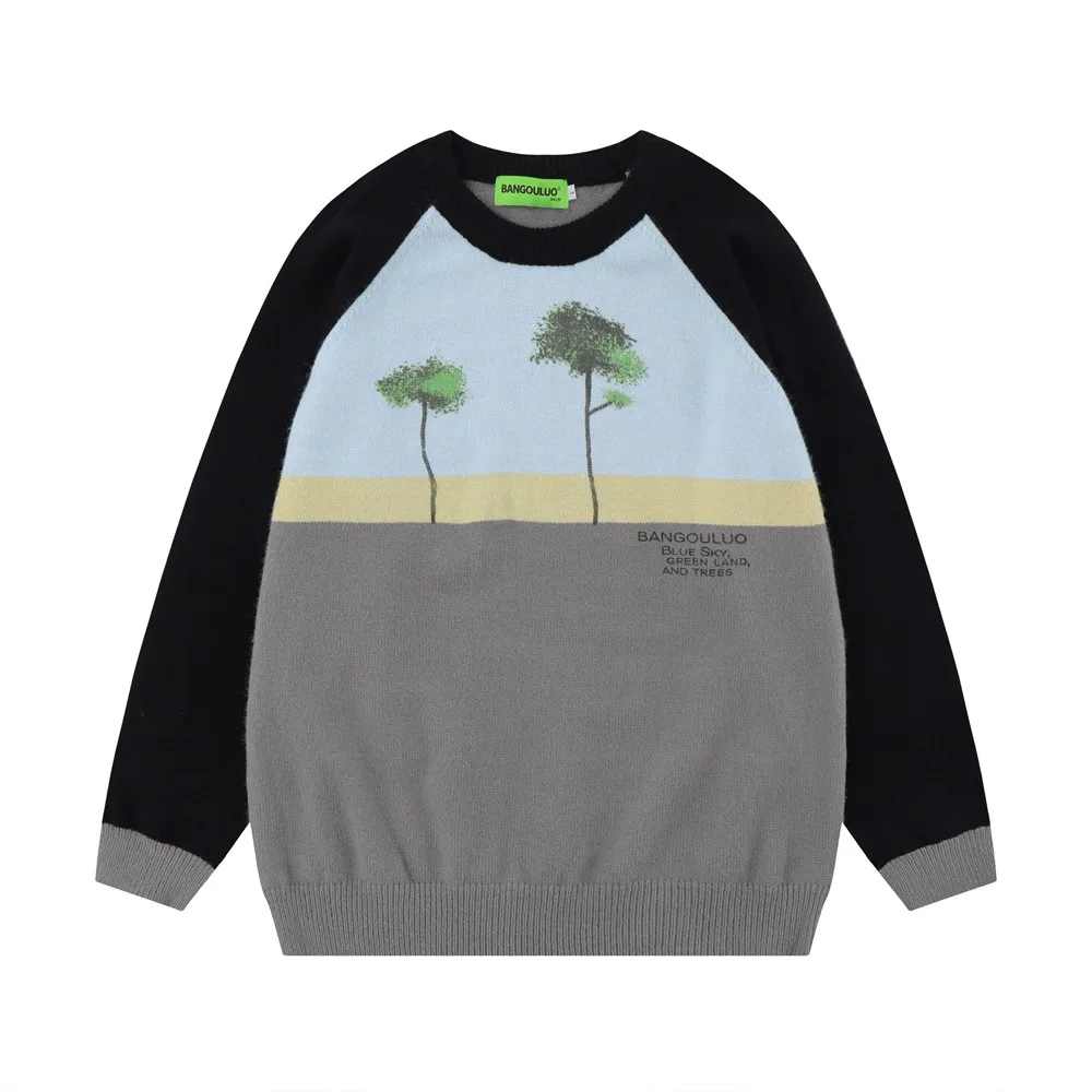 Color Contrast Patchwork Round Neck Sweater Bf Idle Style Women - Gray