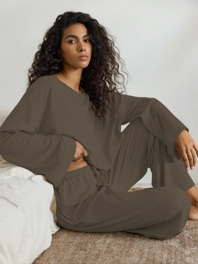 Women's Batwing Sleeve Top And Trousers Lazy Casual Homewear Suit Light Coffee Color - Shop at LoveMi