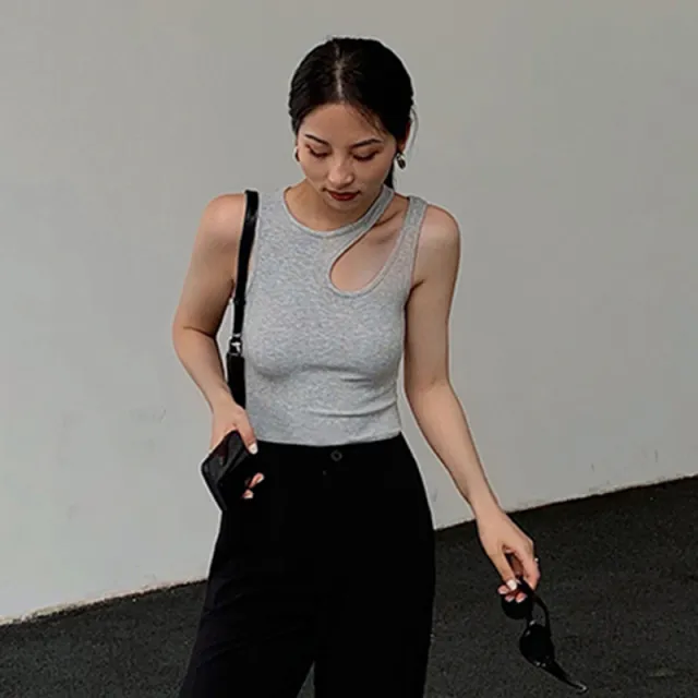 Summer Round Neck Side Irregular Hollow out Women's Solid Color Top Gray - Shop at LoveMi