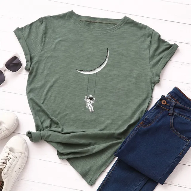 Women's Moon Astronaut Printed T shirt Short Sleeve Bottoming Top Army Green - Shop at LoveMi