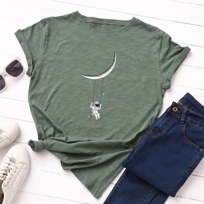 Women's Moon Astronaut Printed T-shirt Short Sleeve Bottoming Top - Army Green