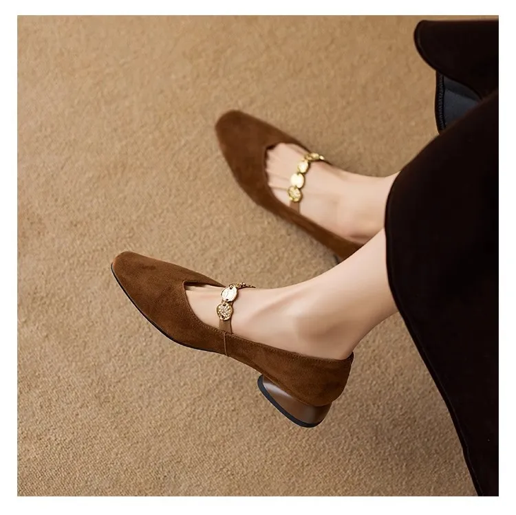 French Retro Square Toe Low-cut Suede Pumps Women's Autumn New - Brown