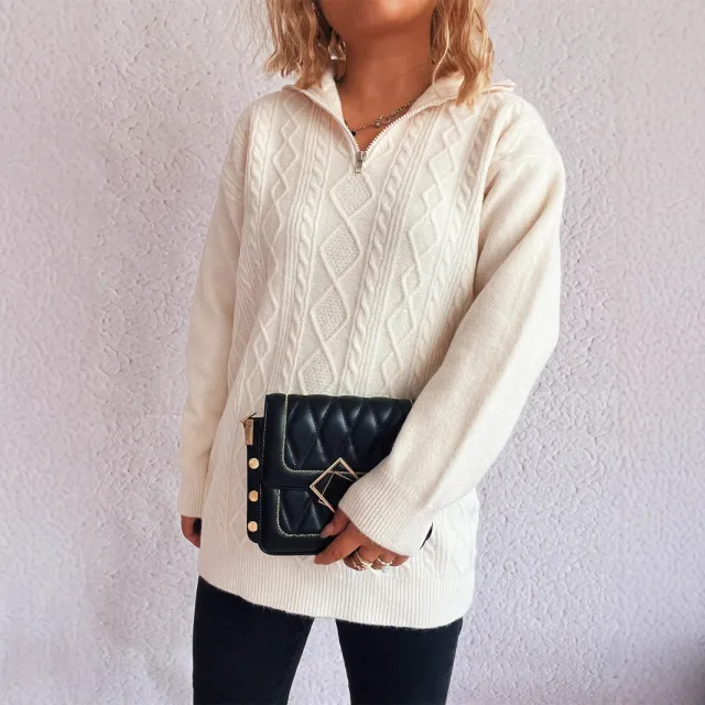 Solid Color Casual Zipper Knitted Sweater For Women White - Shop at LoveMi