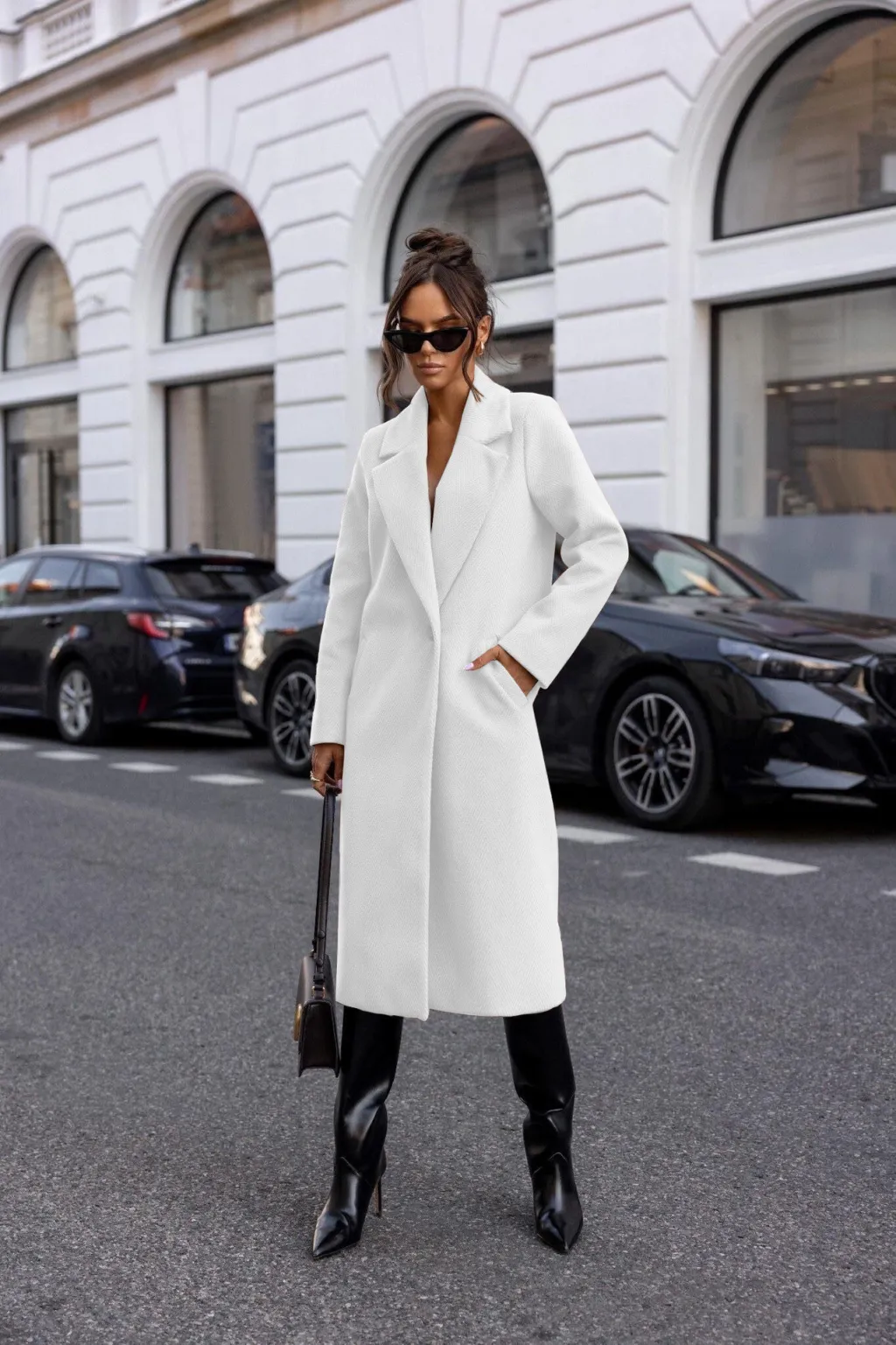 Simple Solid Color Long Sleeve Mid-length Woolen Coat - White