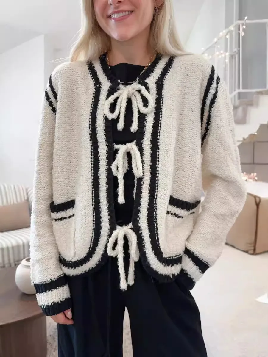 Knitted Lace-up Pocket Sweater Coat Women's Clothing - White