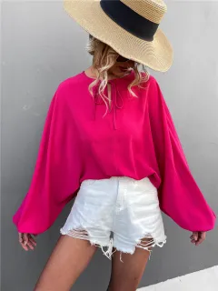 Lantern Sleeve Tied V-neck Loose Casual Top Women - Rose - View 1