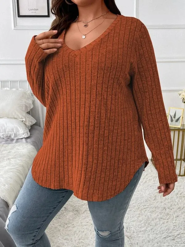 Top V-neck Long Sleeve Sunken Stripe Brushed Loose Pullover - Caramel Color