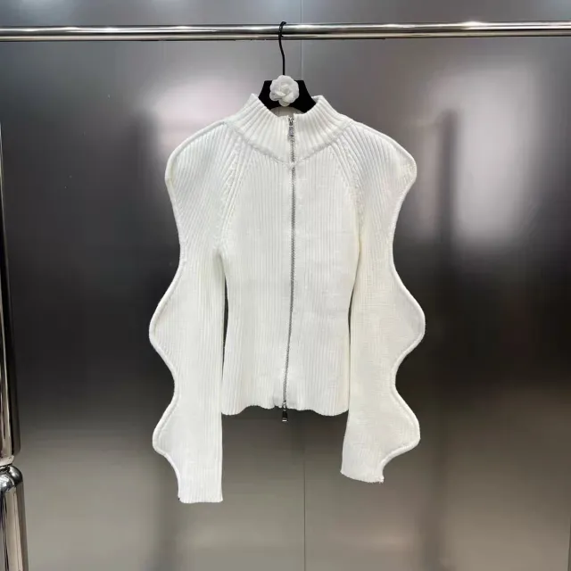 Autumn And Winter Stand Collar Irregular Corrugated Long Sleeve Zipper Jacket White - Shop at LoveMi