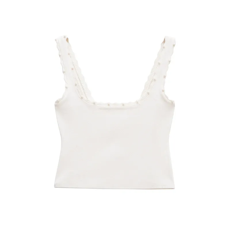 Artificial Decorated Pearls Warp Knitted Top Mini Skirt Suit - Top