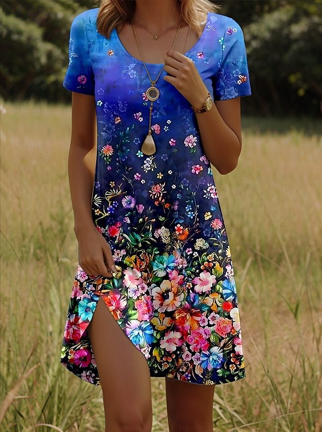 Printing Element Round Neck Short Sleeve Dress No8 Flower - Shop at LoveMi