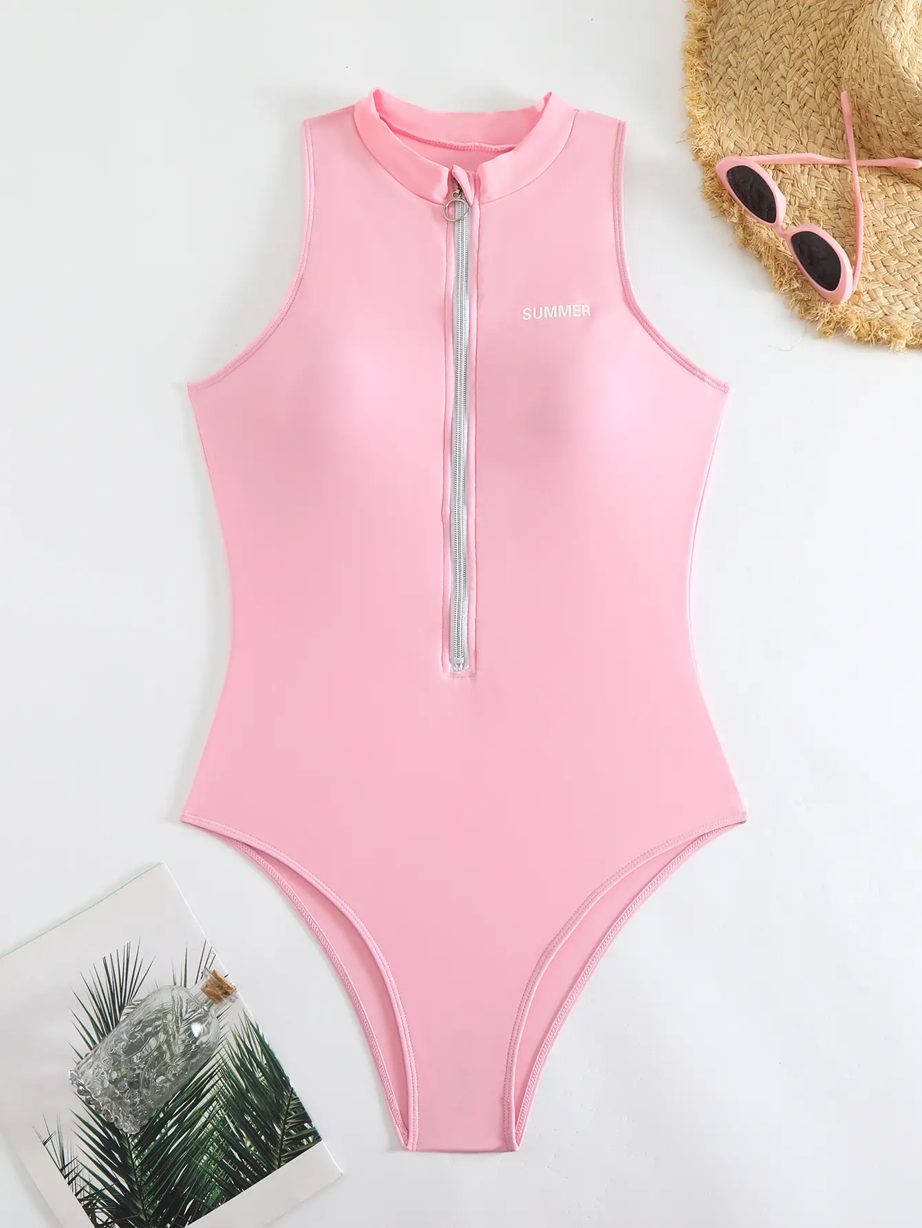 Solid Color High-neck Zipper Bikini Briefs