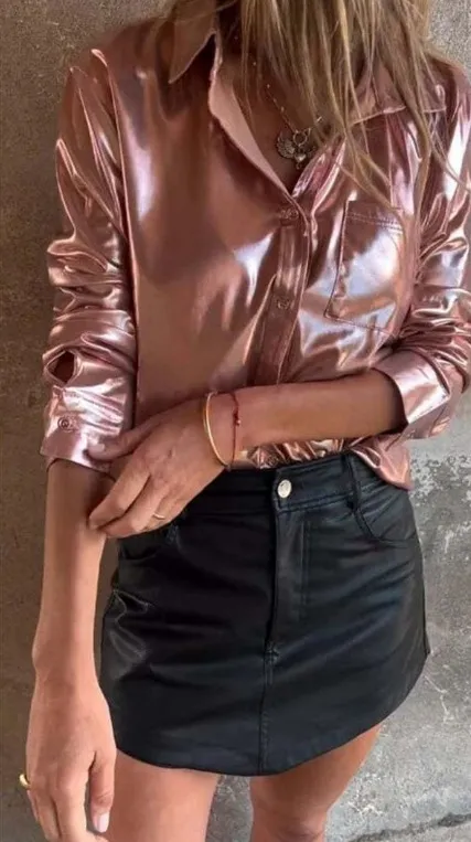 Women's Faux Leather Fashion Polo Collar Shirt Rouge Color S - Shop at LoveMi