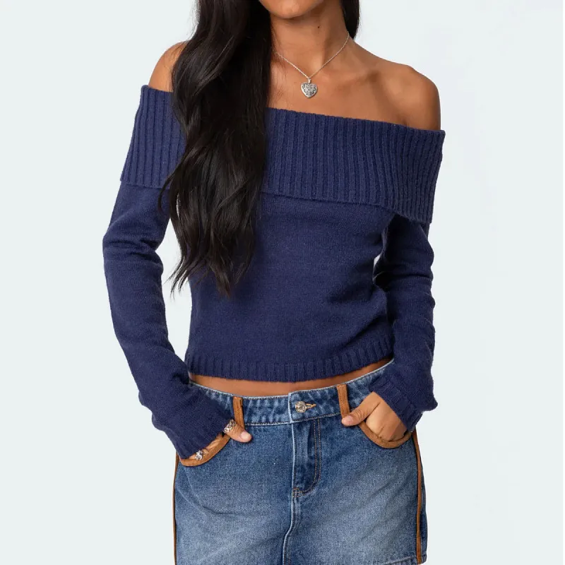 Women's Knitted Top Off-shoulder - Dark Blue