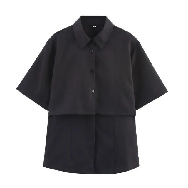 Simple Short sleeved Lapel Double layer Design Casual Long sleeved Shirt Black - Shop at LoveMi