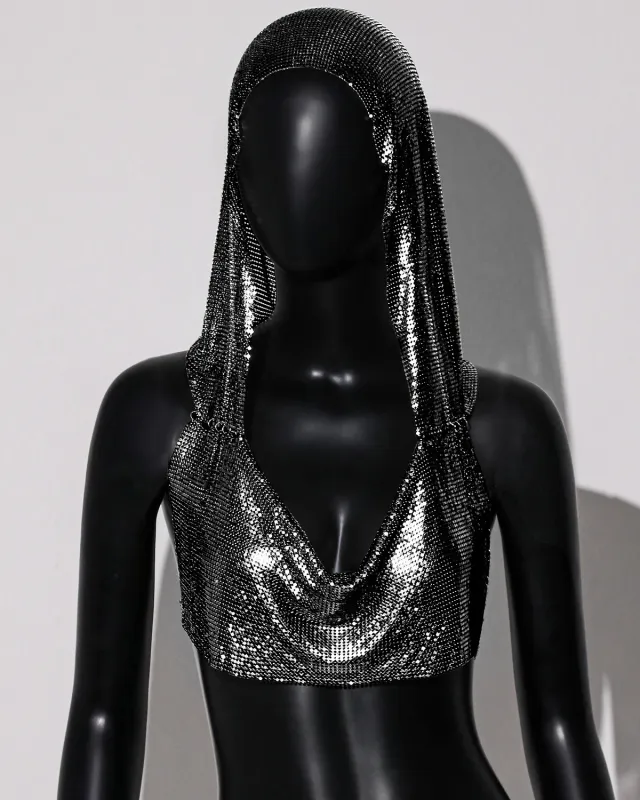 Sexy Outerwear Metal Sequins Hooded Vest Black Without Diamond - Shop at LoveMi