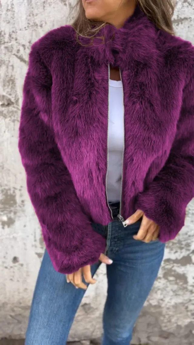 Fashion Stand Collar Plush Jacket Winter Casual Turtleneck Zipper Coat Fleece Tops Women's Clothing Purple - Shop at LoveMi