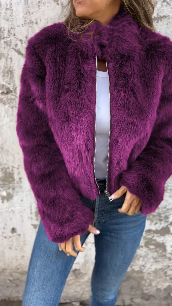 Fashion Stand Collar Plush Jacket Winter Casual Turtleneck Zipper Coat Fleece Tops Women's Clothing - Purple