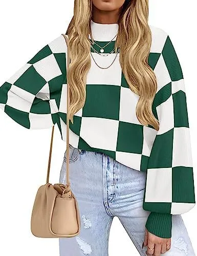 Women's Fashion High Collar Long Sleeve Striped Rib Sweater Green Plaid - Shop at LoveMi
