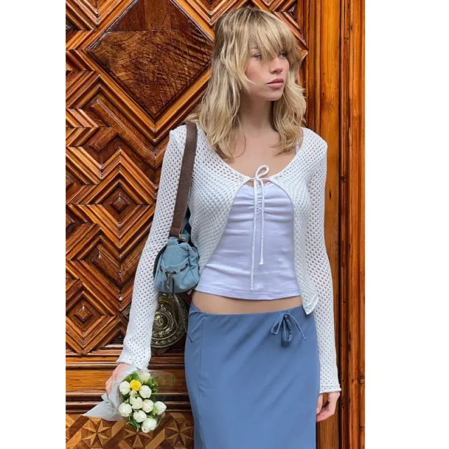 Women's Knitted U neck Hollow Bow Top White - Shop at LoveMi
