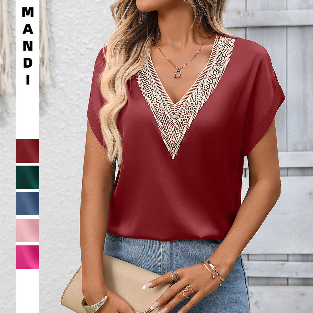 V-neck Lace Satin Short-sleeve Top Business Shirt