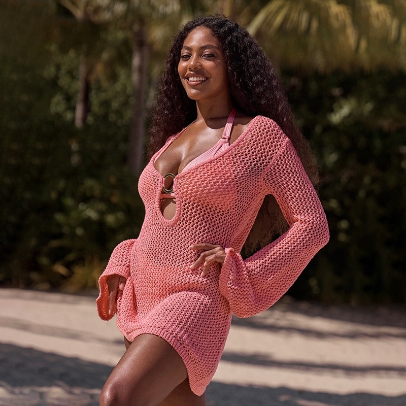 Round Long Sleeve Hollow Beach Dress Pink - Shop at LoveMi