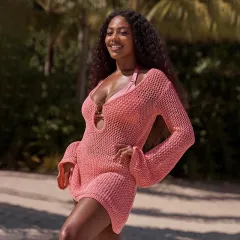 Round Long Sleeve Hollow Beach Dress - Pink - View 1