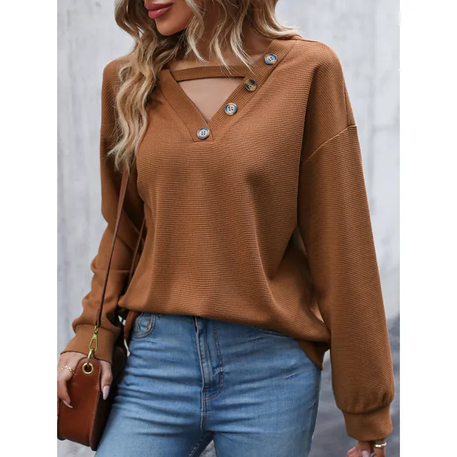 European And American Long Sleeve Hollow Out V neck Knitted Top Qx23766 Bronze - Shop at LoveMi