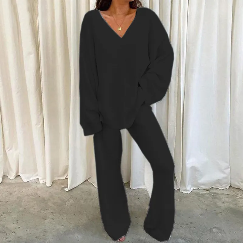 Winter Solid Colour And V-neck Casual Daily Home Warm Two-piece Suit - Black