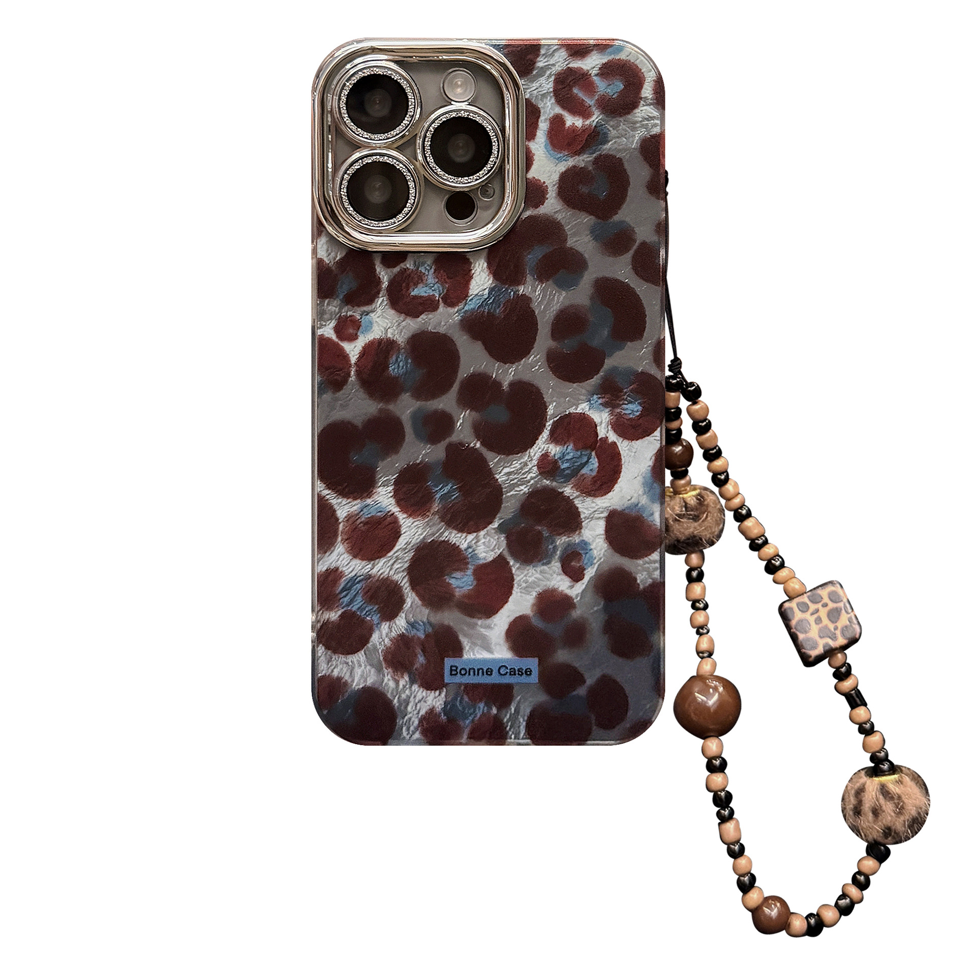 Retro Blue And Brown Leopard-Print Phone Case With Furry Pom-Pom Chain