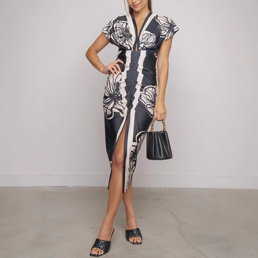 Women's Printed Slit Sexy Low cut V neck Bodycon Dress Black - Shop at LoveMi