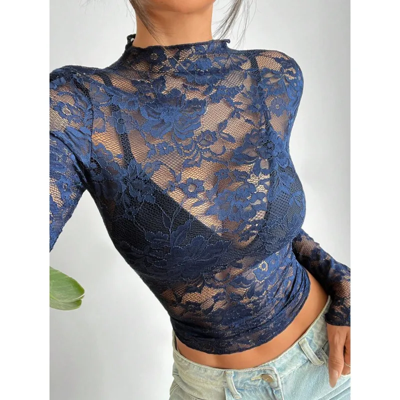 Women's Lace Elastic Peony Print Sheer Sexy Top - Navyblue