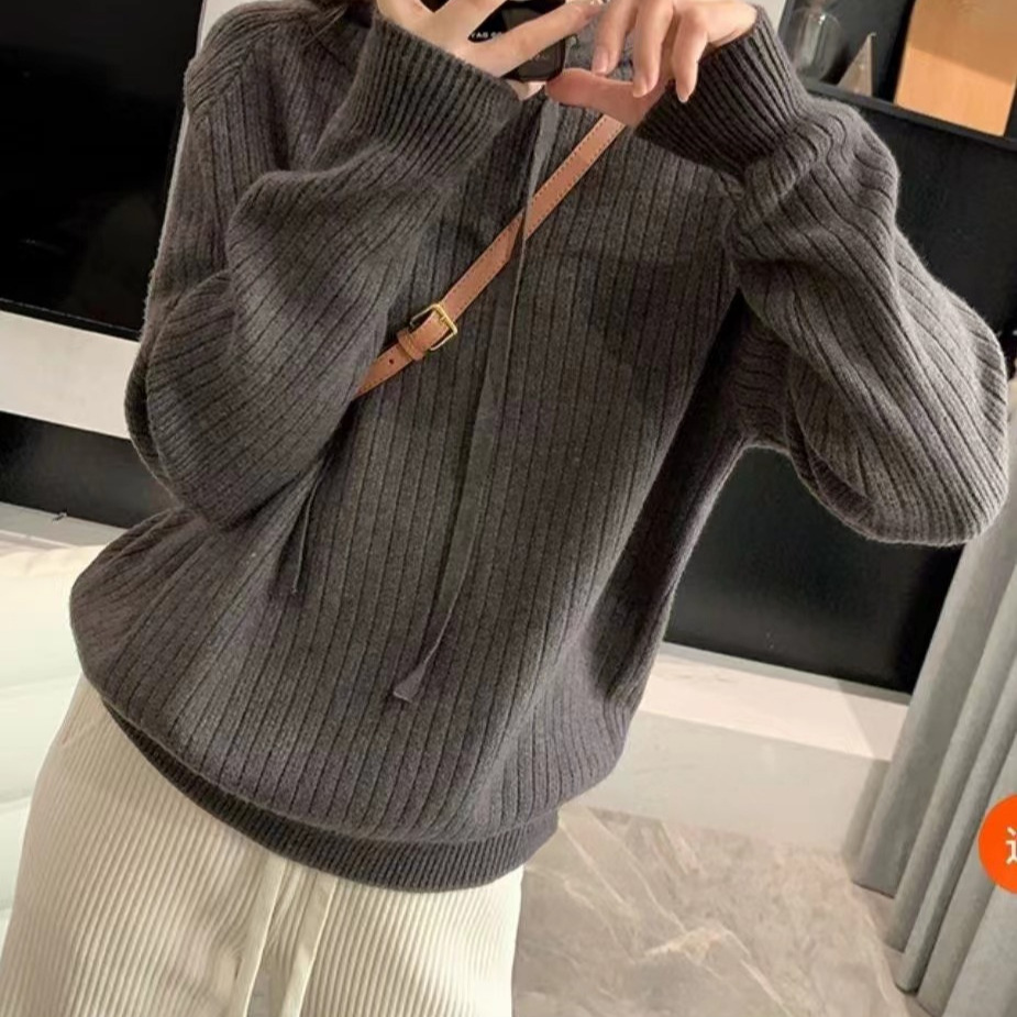 Loose Slimming Sunken Stripe Knitwear Outer Wear Inner Wear Korean Style Loose Hooded Pullover