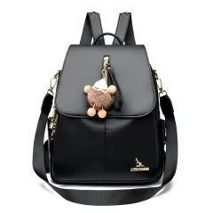 New Genuine Leather With Pendant High-value Female Student Travel Backpack - Black - View 1