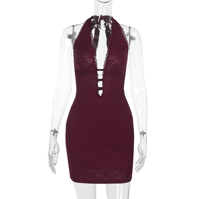 European And American Fashion Sexy Hollow out Backless Halter Bodycon Dress Wine - Shop at LoveMi