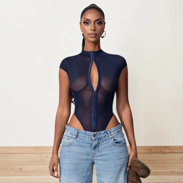 New Women's Sexy Round Neck Metal Buckle Jumpsuit Blue - Shop at LoveMi