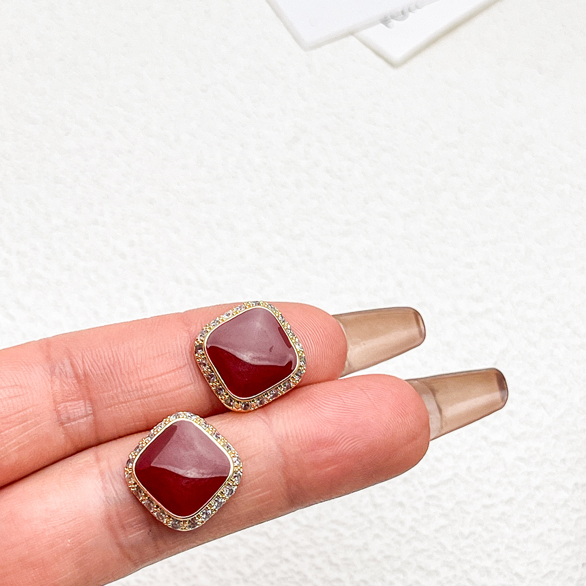 Retro Red Plate Temperament Inlaid Square Simple And Stylish Earrings