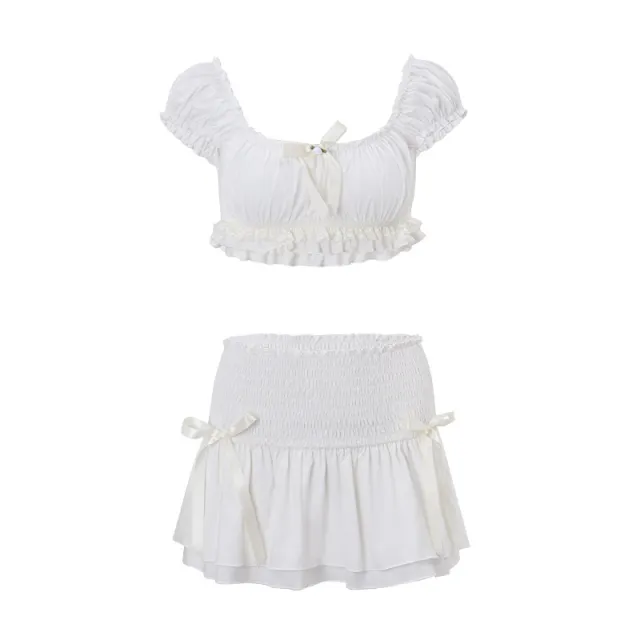 Short Graceful Puff Sleeve Top Low Waist Skirt Slim Fit Suit White - Shop at LoveMi