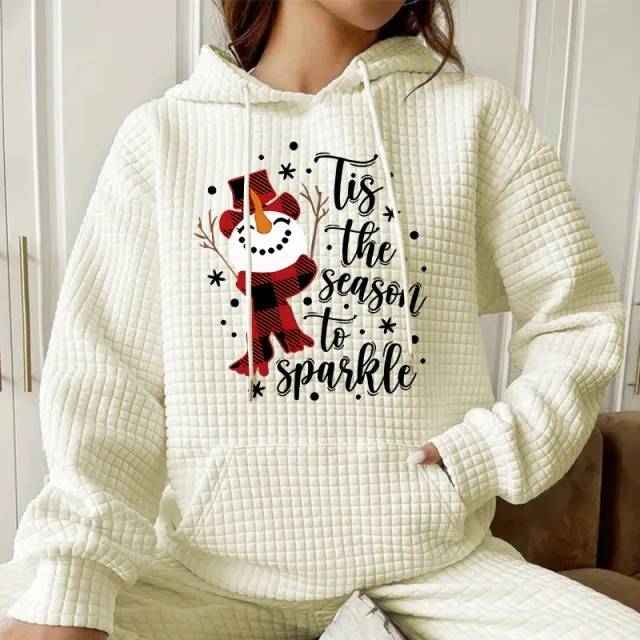 Women's Waffle Long Sleeve Snowman Print Fashion Loose Sweater Apricot - Shop at LoveMi