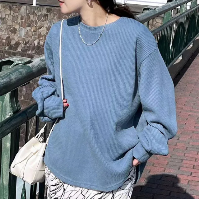 Loose Casual High grade Waffle Bottoming Shirt Sky Blue - Shop at LoveMi