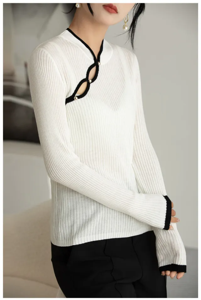 Wool Hollow out Plate Buckle Stand Collar Design Sweater Thin Tan - Shop at LoveMi