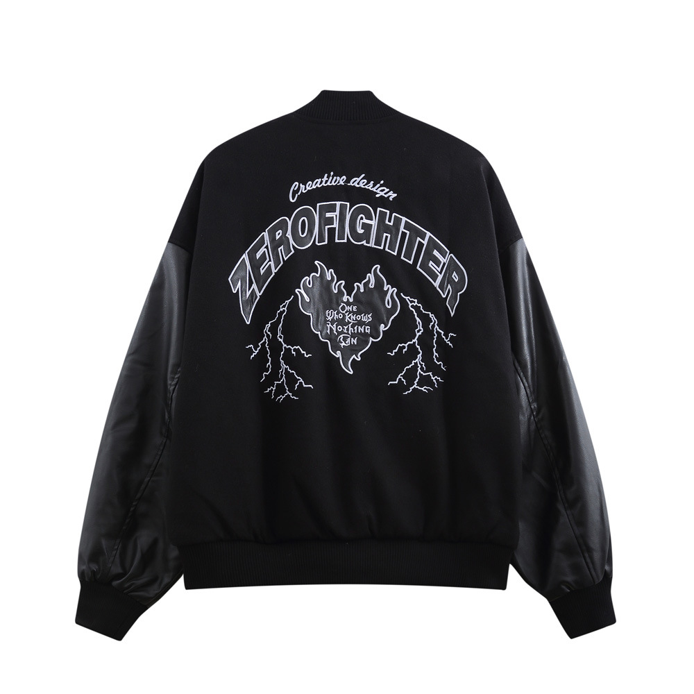 Stitching PU Leather Sleeve Baseball Uniform Men's Ins Fashion Brand Letter Embroidered Jacket